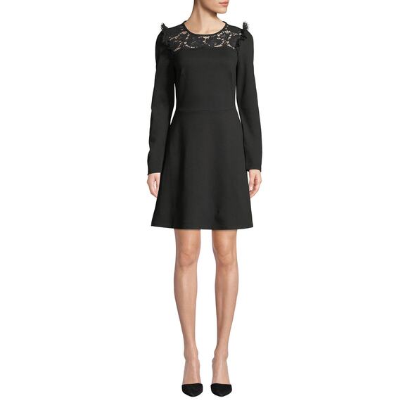 Kate Spade Lace Yoke Ponte Long Sleeve Dress Black XSmall XS Keyhole Back - Picture 9 of 10